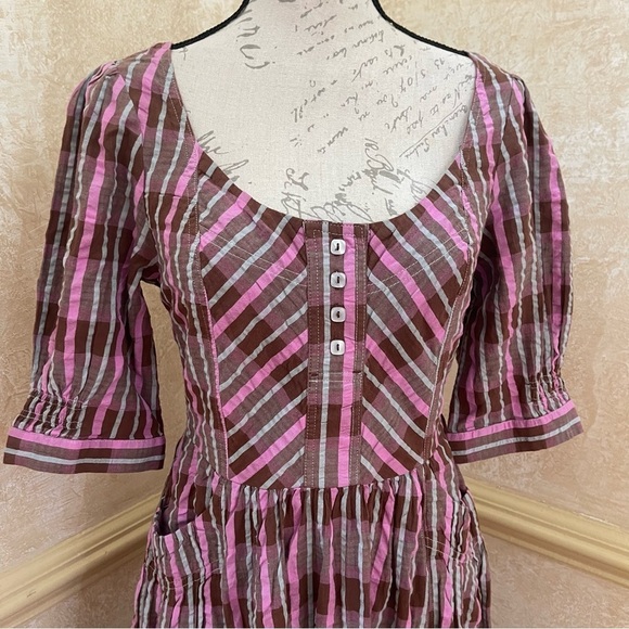 Free People Tulie Plaid Midi Milkmade Dress Brown Pink with pockets Size XS - Picture 8 of 16